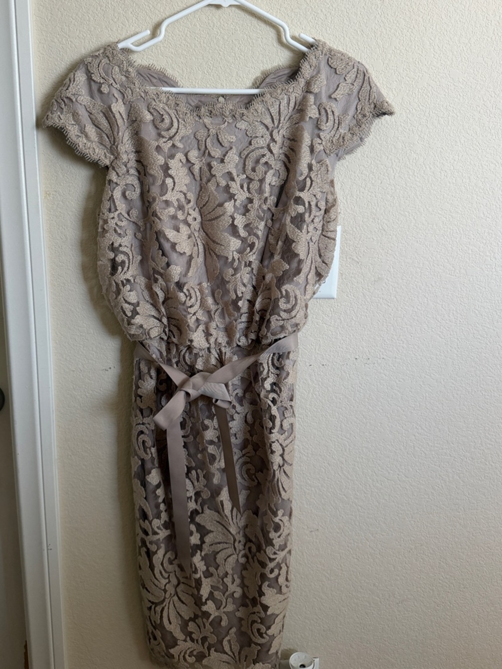 Tadashi Shoji Taupe Lace Midi Dress with Ribbon Waist